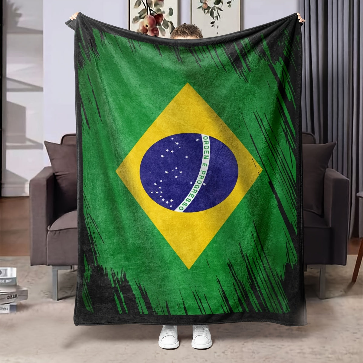 Ultra-soft Brazilian Flag digital print blanket by ZR - featuring a cozy flannel throw in patriotic green, yellow, and black design with the national emblem. Perfect for home and travel, providing all-season comfort.