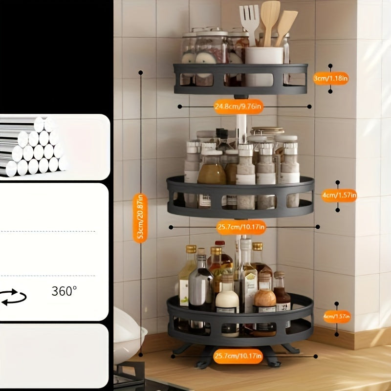 Металлическая spice rack с контейнерами для хранения приправ, масел и уксуса, с вариантами одно-, дву- или трёхслойного исполнения и 360-градусным вращением.