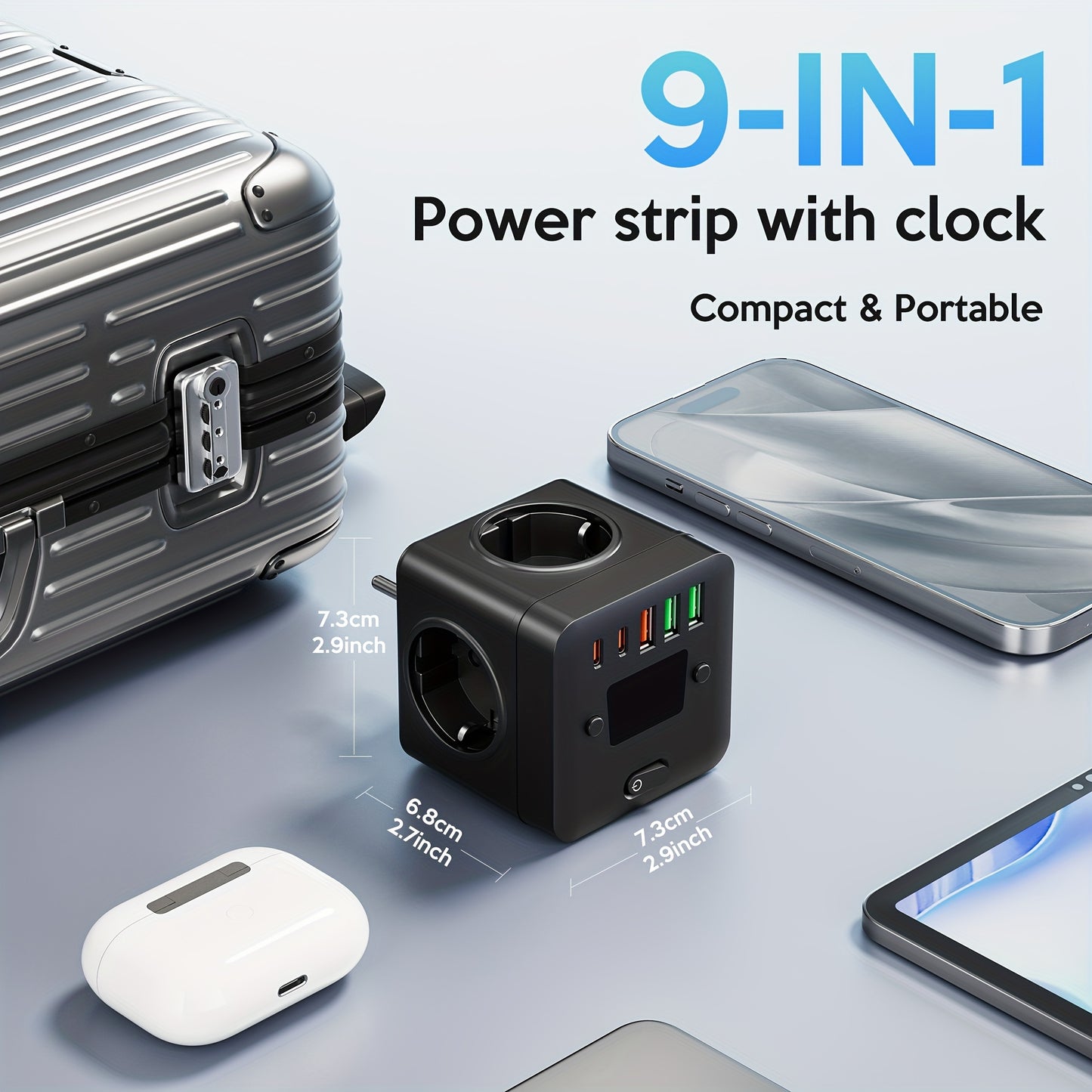 9-in-1 power strip with clock, 3 EU outlets, 3 USB-A ports, 2 USB-C ports, overload protection, wall mountable. Ideal for home, office, travel, dorm, gaming room.