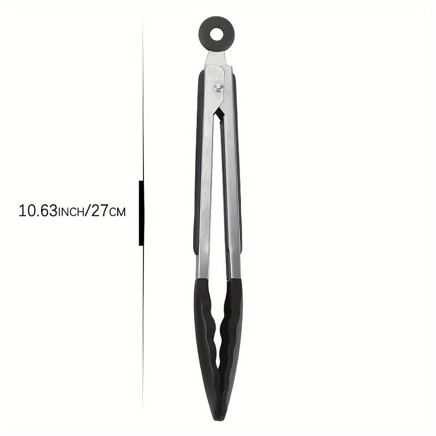 Black and red stainless steel kitchen tongs with heat-resistant silicone tips, available in three sizes (20.32 cm, 27.94 cm, 33.02 cm). These food clips feature a pull lock and non-scratch silicone tips, making them ideal for use with air fryers and