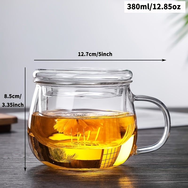 Glass tea cup with infuser, lid, and strainer, holds 380ml/12.85oz. Suitable for various drinks like lemon juice, water, tea, coffee, and fruit juice, perfect for all seasons.