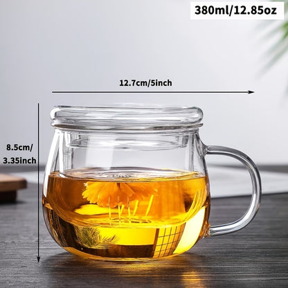 Glass tea cup with infuser, lid, and strainer, holds 380ml/12.85oz. Suitable for various drinks like lemon juice, water, tea, coffee, and fruit juice, perfect for all seasons.