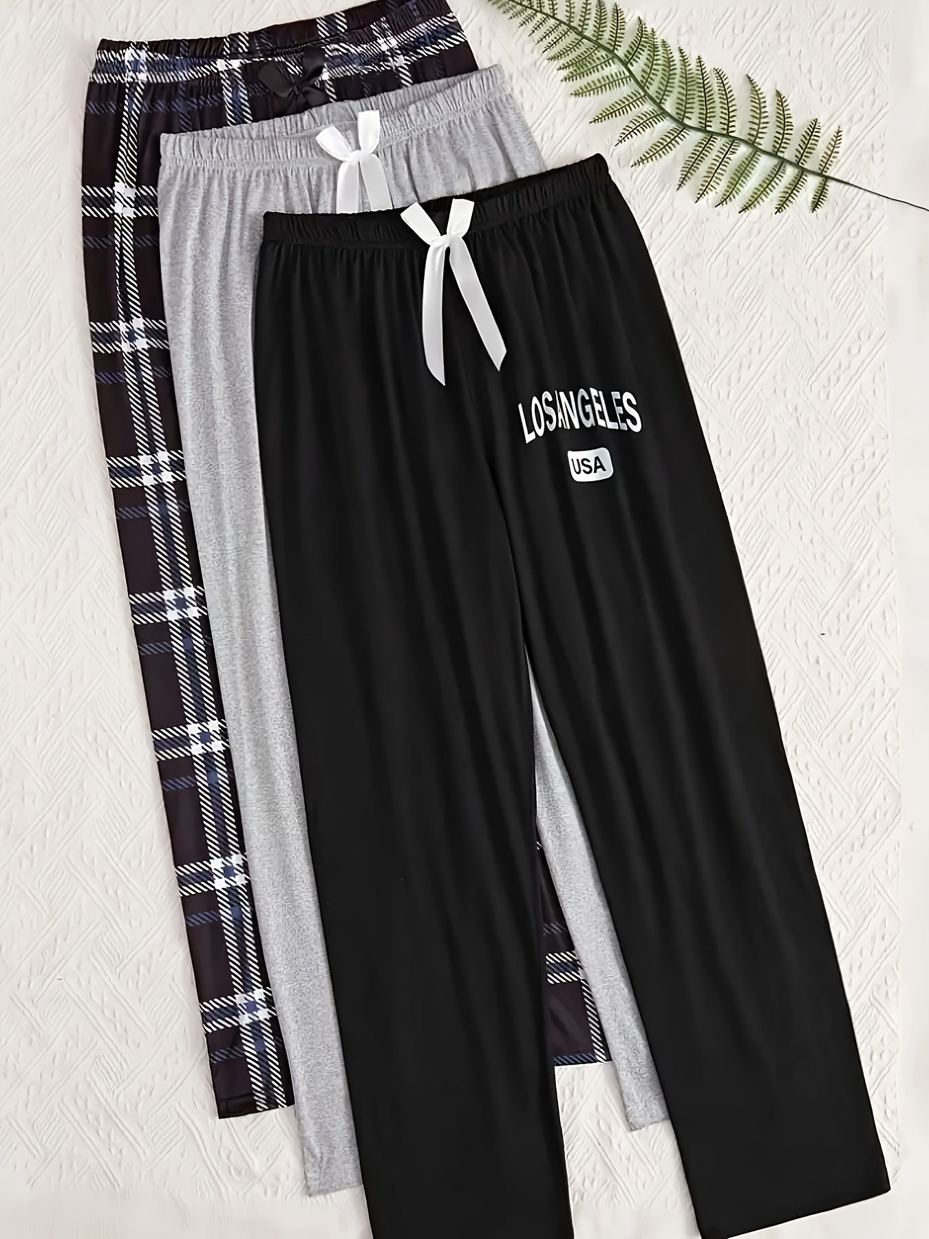 3 plus size lounge pants with letter & plaid prints and bow elastic waistband for women.