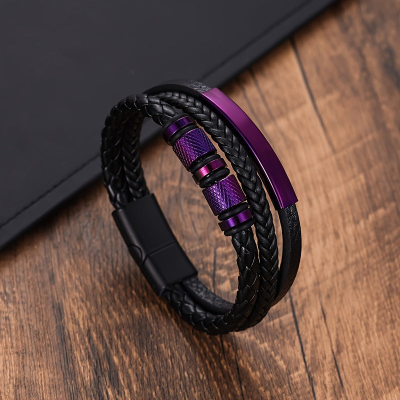 A stylish men's leather bracelet crafted from durable black stainless steel, accented with a touch of punk flair. Featuring a magnetic buckle closure and intricately handwoven details, this versatile accessory is perfect for any business or casual