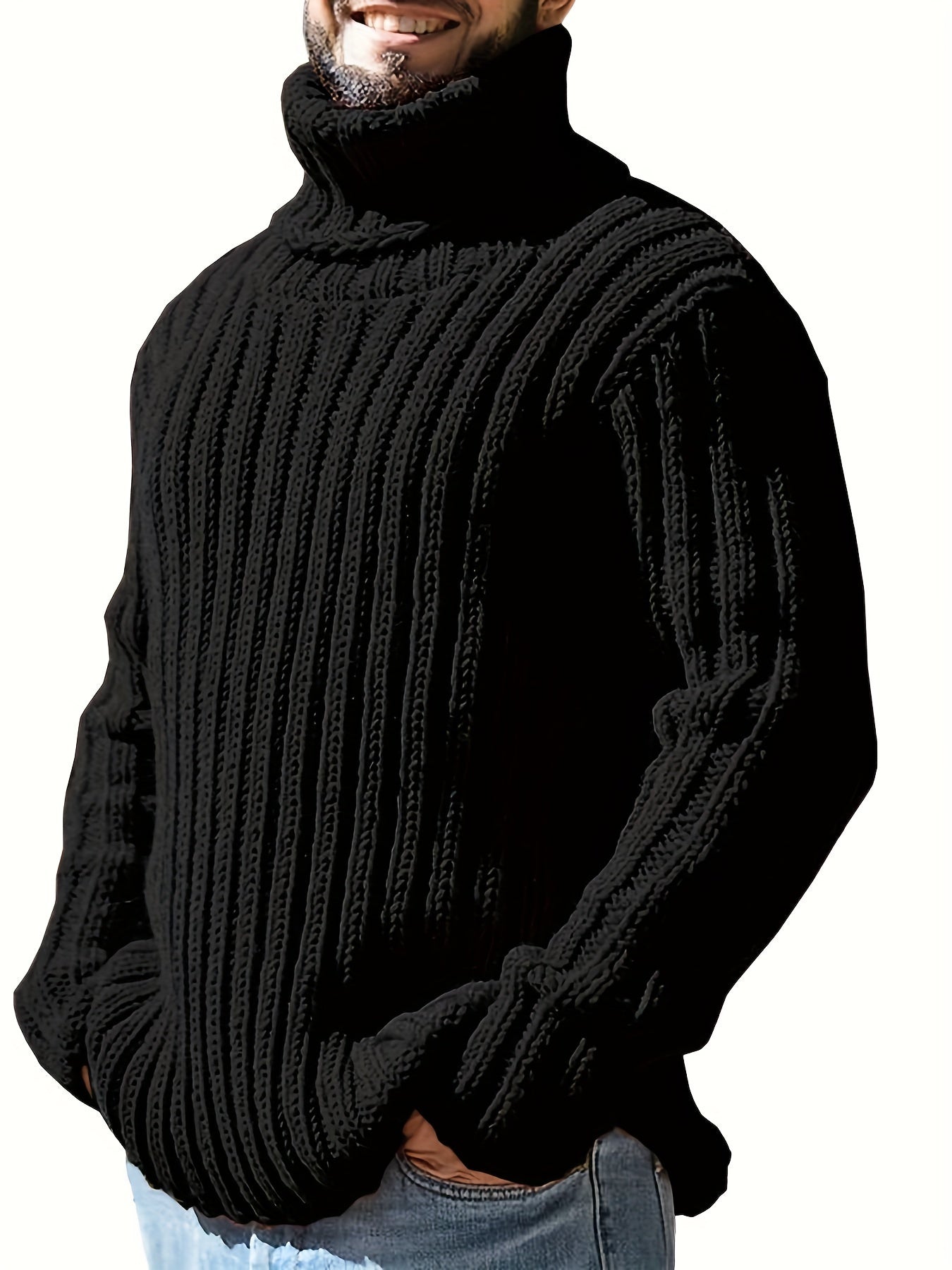 Men's oversized turtleneck sweater in solid color acrylic knit with slight stretch, high neck, regular fit for fall/winter. 100% acrylic, plus size.