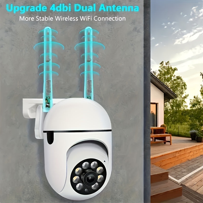 The YIIYRY 1080p HD Smart Security Camera offers 360° Pan/Tilt/Zoom capabilities, Night Vision, Two-Way Audio, Pet Detection, and is suitable for both indoor and outdoor use. It is USB powered and Wi-Fi enabled, housed in a sleek round ABS design.