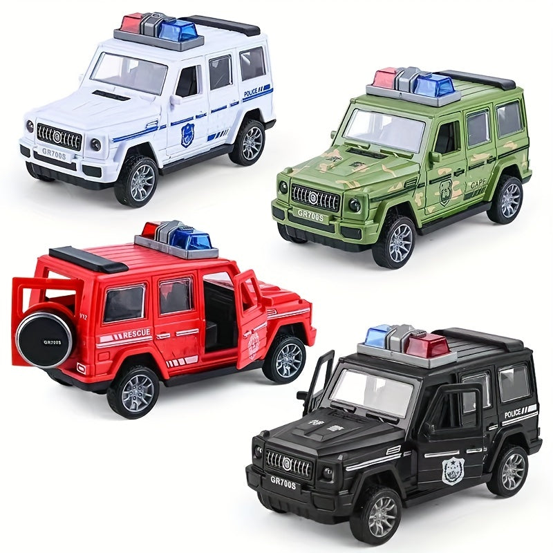 Durable toy cars with openable doors, police car, fire truck, and off-road models.