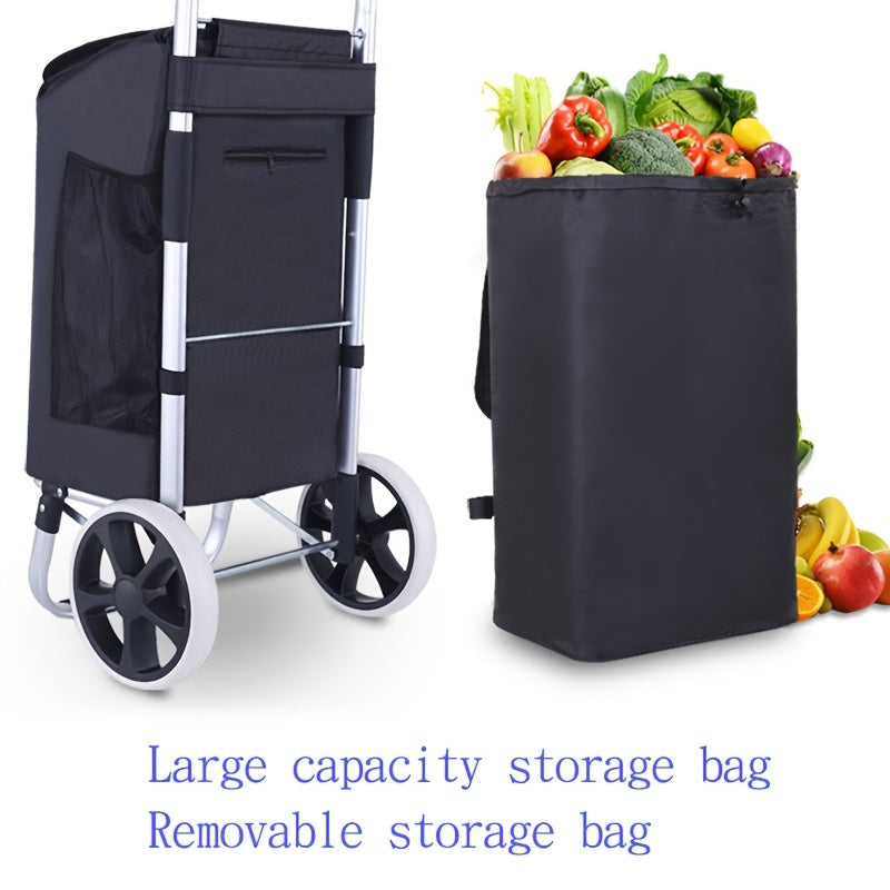 Portable folding shopping cart made of aluminum and plastic with detachable storage box. Ideal for grocery shopping, moving, or camping. No electricity required. Features sturdy