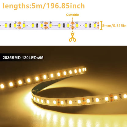 12V High Brightness SMD 2835 LED Light Strip - 5m, 120 LEDs/Meter, Flexible Decorative Light Strip for Bedroom, Kitchen, Party. Available in Cold White, Warm White, Natural White.