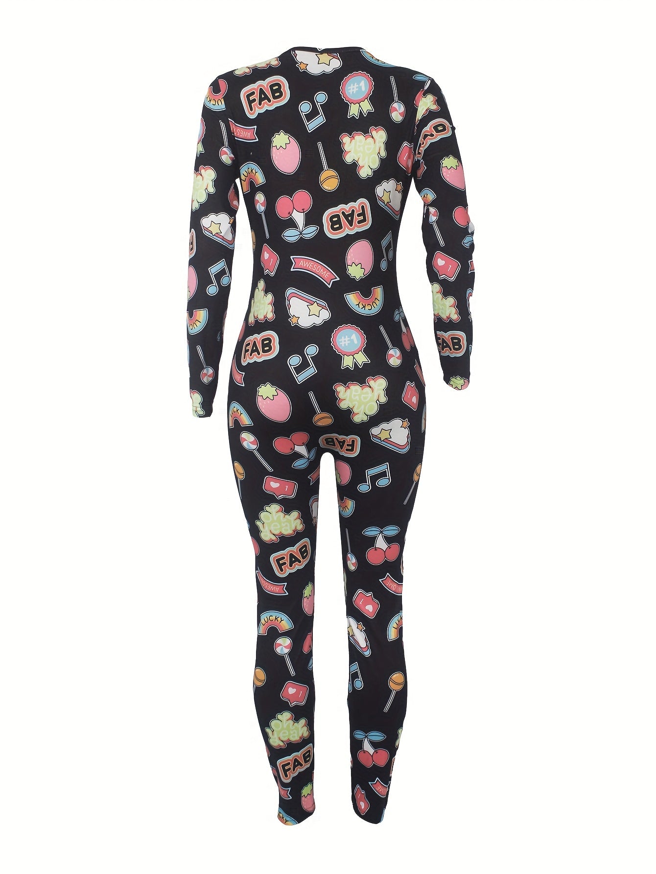 Patterned lounge jumpsuit for women, featuring a casual V-neck, long sleeves, and button closure.