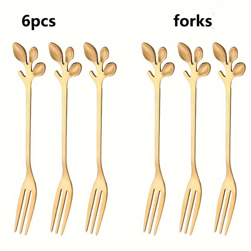 Leaf-shaped dessert spoons and forks in 24-pack, 12-pack, and 6-pack sizes for home and commercial use. Ideal for stirring, couple gifts, birthdays, parties, cakes, salads, and dinner gatherings. Trendy and stylish design.