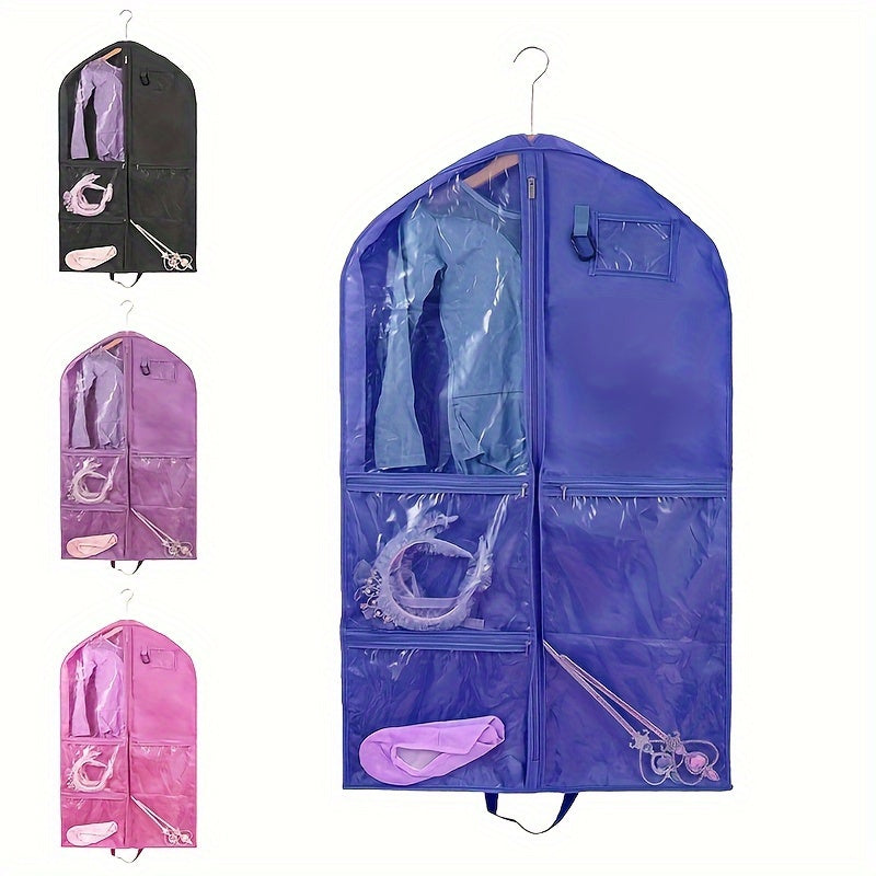 Durable costume dust cover bag with storage pouches, featuring a hanging design for suits and coats. Designed with a window and zipper for easy access, this household organization tool helps save space in the bedroom, bathroom, office, closet, wardrobe