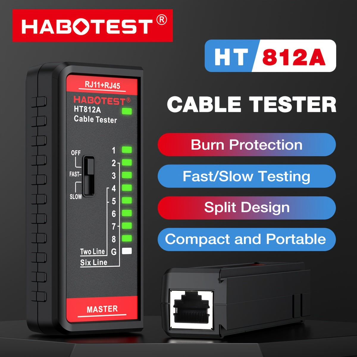 Battery powered HABOTEST Network Cable Tester for RJ45/RJ11/RJ12 CAT5/CAT5E/CAT6/CAT6A.进行连续性和布线测试。Dual-purpose for Ethernet and telephone lines, without battery.