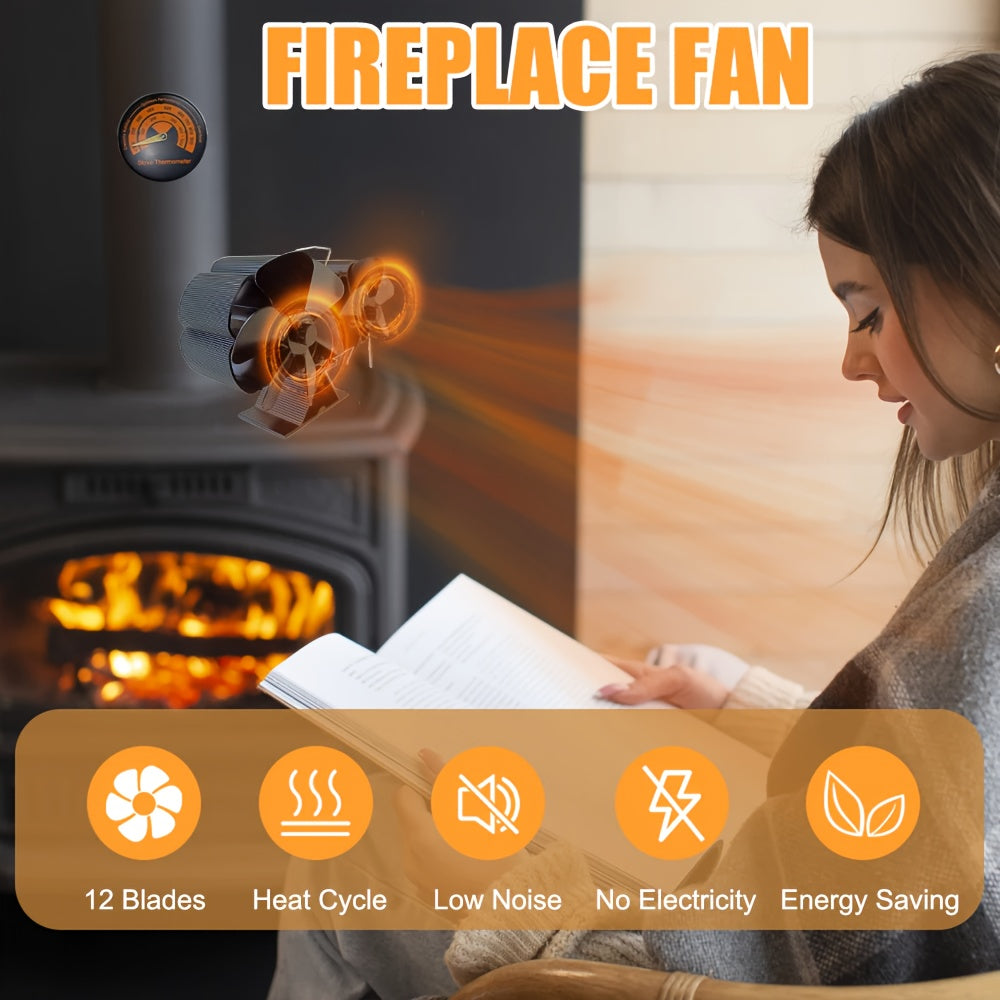 Efficiently distribute heat with the Dual-Head 12-Blade Wood Stove Fan - Non-Electric, Heat-Powered with Thermometer. Perfect for log burners and fireplaces.