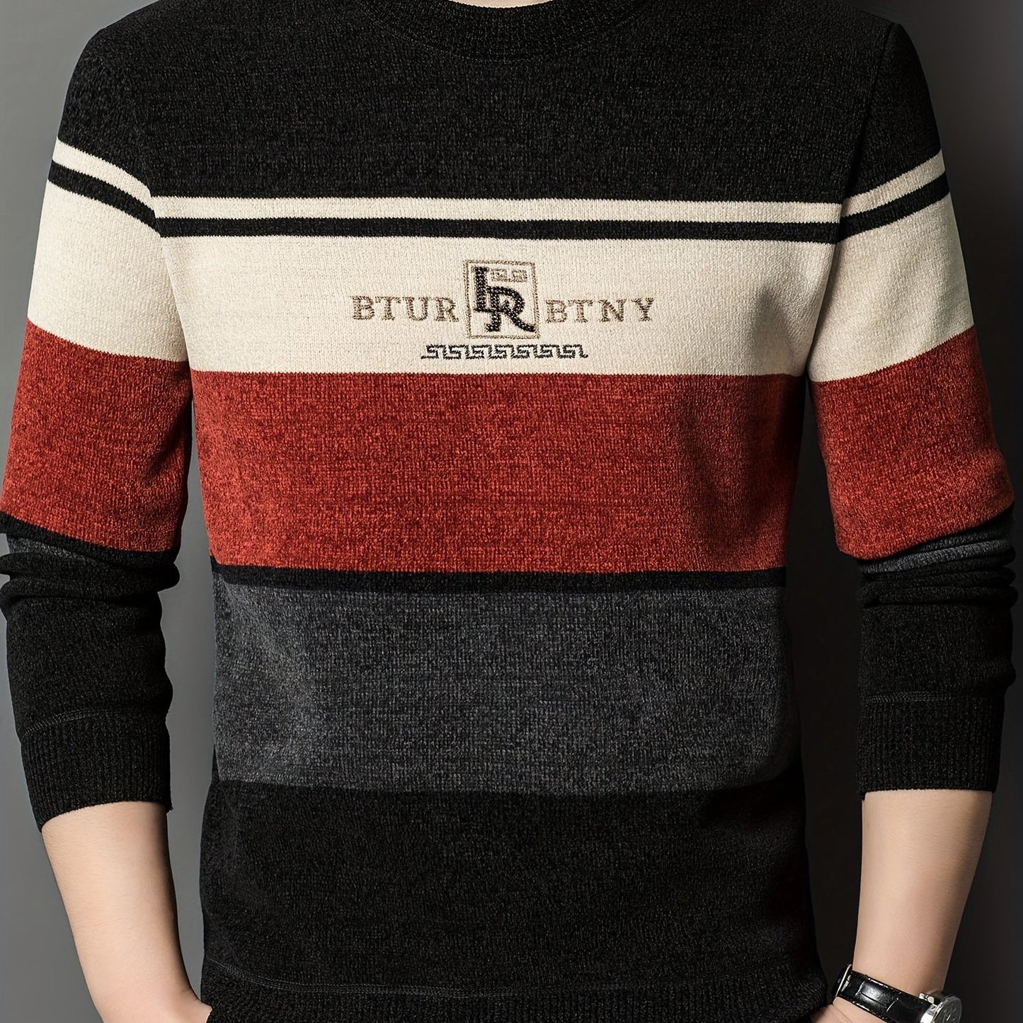 Men's winter crew neck sweater with striped design, thick polyester material, casual round neck, regular fit, long sleeves, ribbed hem and cuffs, fashionable letter pattern, provides winter