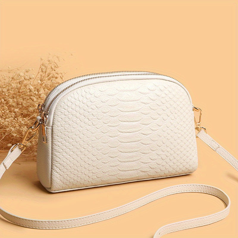 2024 Trendy Snake Embossed Crossbody Bag with Zipper Closure, Genuine Leather, Polyester Lining, Edge Paint, Black/Beige/Khaki Options.