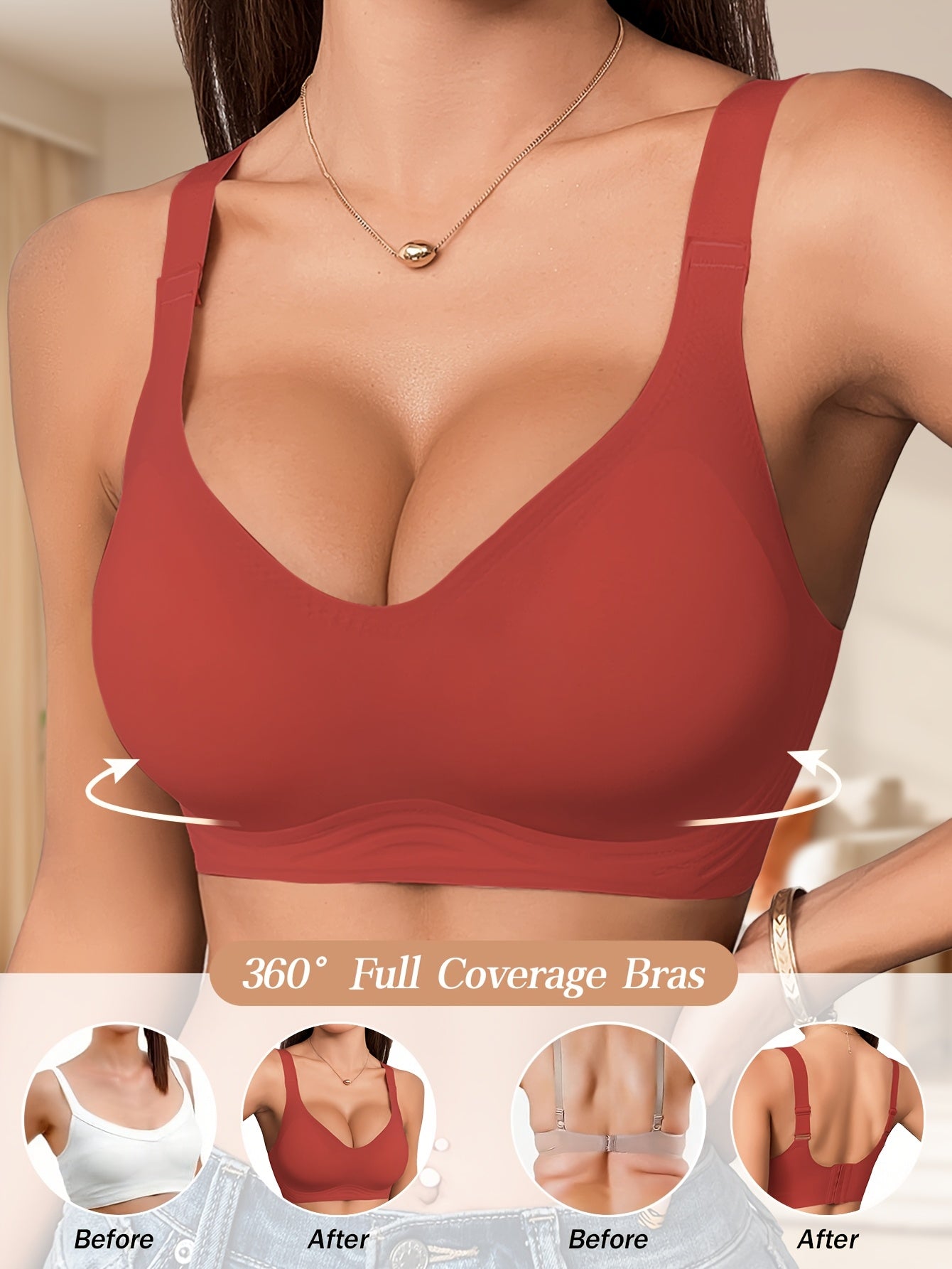 Women's wireless bra with full coverage, polyamide 85% elastane 15%, solid color knit fabric, removable pads for everyday comfort.