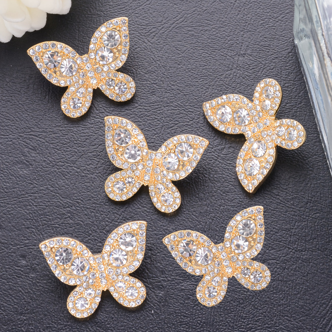 French-inspired butterfly buttons with rhinestones, set of 5/6 - made from metal alloy, hand-sewn decorative fasteners for shirts, sweaters, suits, coats, and windbreakers. Comes with a gift box, ideal for DIY fashion accessories.