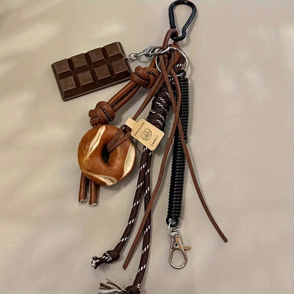 Rock-inspired Sports Faux Leather Keychain featuring Chocolate, Pretzel, and Donuts Charms, Yarn Rope, and Tassel - Unique Trendy Accessory for Bags and Backpacks