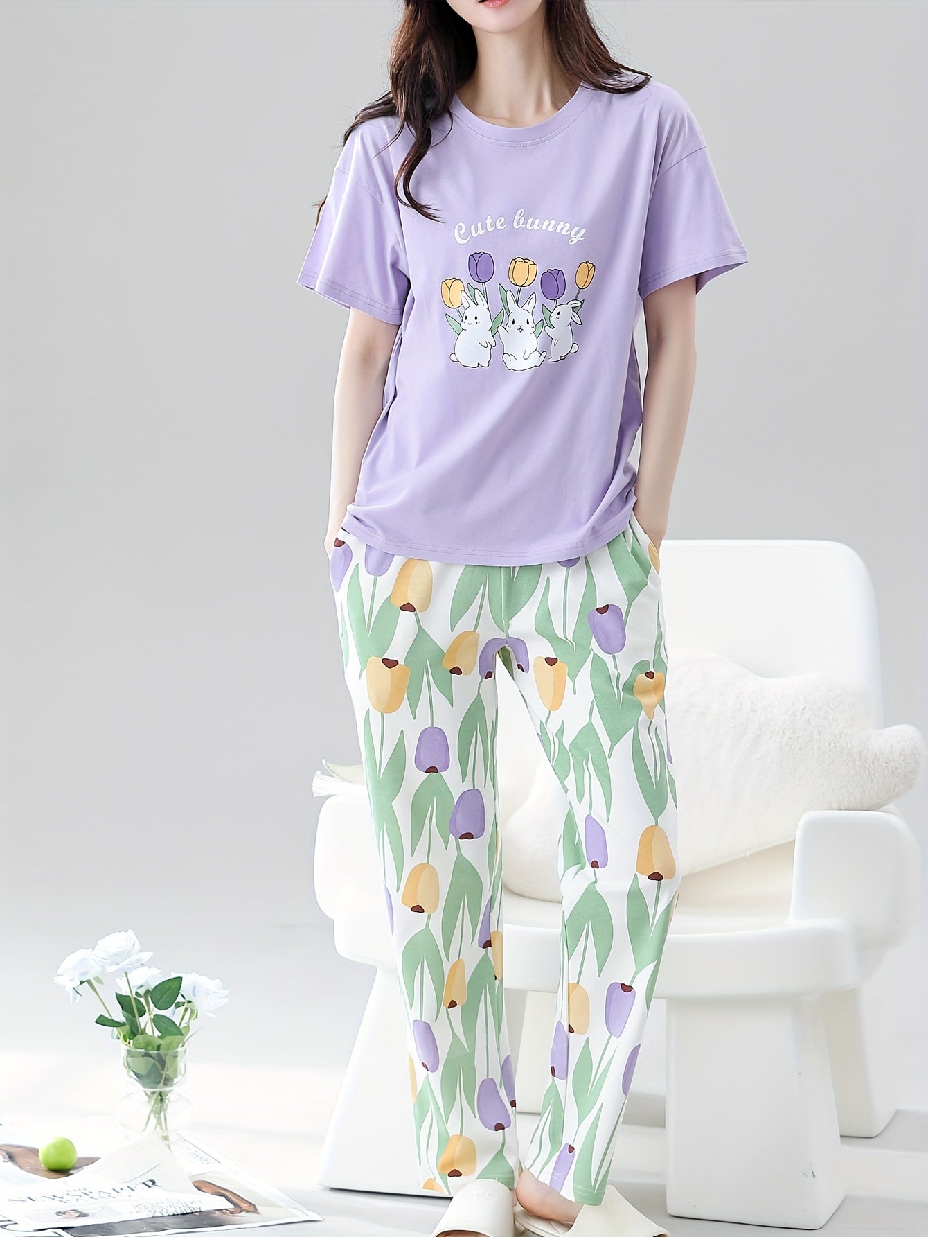 Spring and Autumn Women's Pajama Set: Short Sleeve, Long Pants, Casual Flower Rabbit Design for Both Indoor and Outdoor Wear.