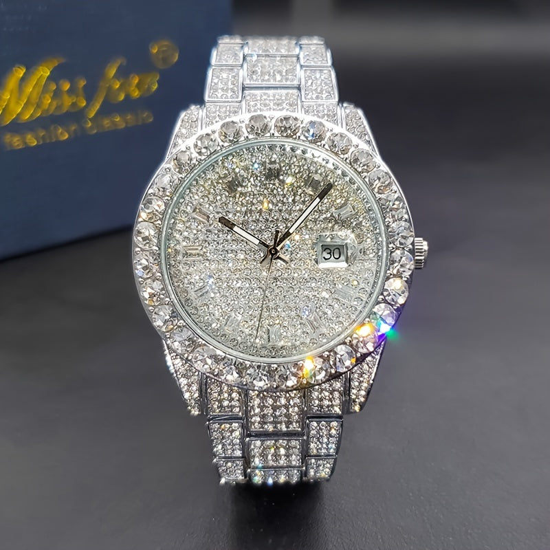 Luxury men's watch with luminous hands, large diamond, quartz movement, and hip-hop rock fashion design.