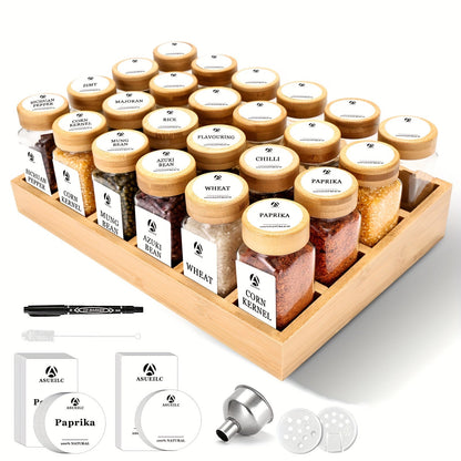 The spice rack includes either 12 or 24 jars with bamboo lids, as well as a bamboo drawer organizer complete with attached waterproof adhesive labels specifically designed for English herbs, spices, and condiments for convenient and easy access.