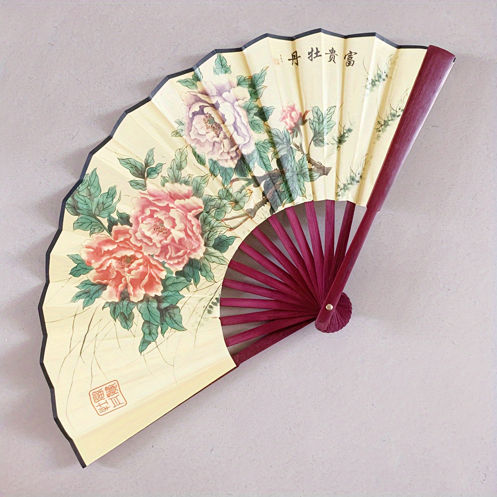 Ancient Style Chinese Fan with Exquisite Peony Plum Eight Jun Picture, 8-Inch Folding Fan