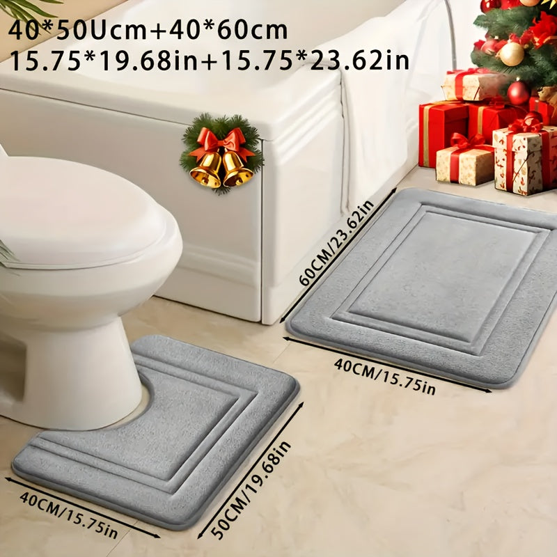 Two coral fleece bath mats, absorbent and non-slip, made from soft polyester knit fabric, 530gsm, 1.3cm thick, suitable for tub, shower, and bathroom decor.