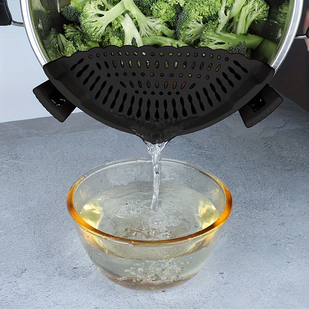 Silicone Strainer Clip for Pots and Pans - a versatile tool for straining pasta, meat, vegetables, and fruits in the kitchen. Ideal for use as a clip-on food strainer or silicone colander.