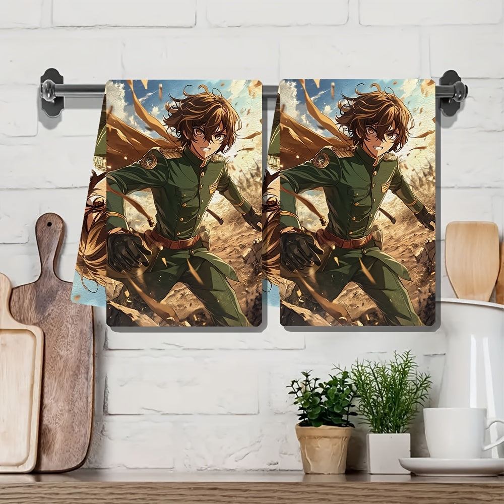 Two ultra-soft kitchen towels depicting a charming anime boy with brown hair in a green uniform, leading his troops to victory. These dish towels are highly absorbent and ideal for holiday decoration. They can be easily cleaned in the washing machine and