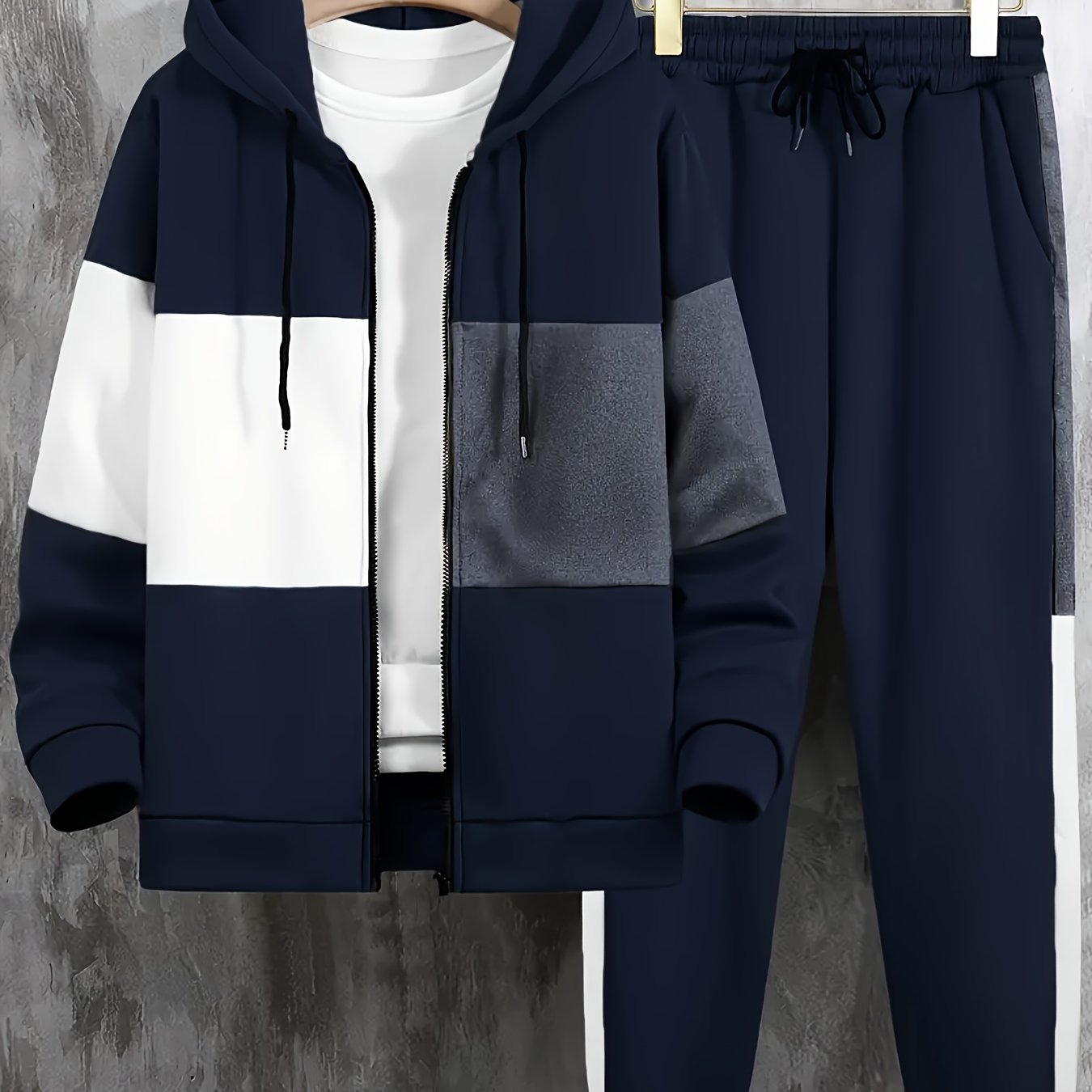 Men's Color Block Zip-Up Hoodie & Drawstring Joggers Set - Perfect for Fall/Winter Outdoor Activities, Machine Washable Casual Knit Fabric