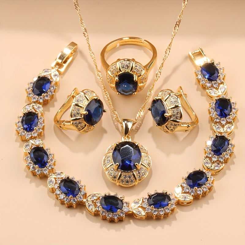 Opulent 5-Piece Women's Jewelry Set - Featuring Earrings, Necklace, Ring & Bracelet adorned with Shimmering Cubic Zirconia - Ideal for Weddings & Special Occasions