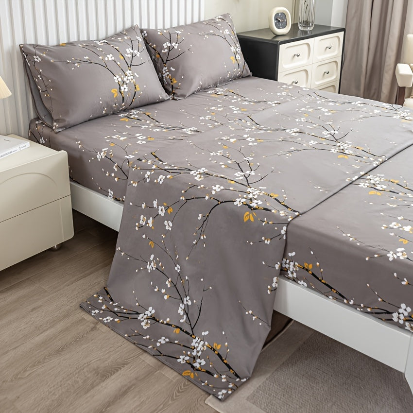 Floral Branch Fitted Sheet Set with 4 pieces, made of soft microfiber with deep pocket fitted sheet and included pillowcases. No core.