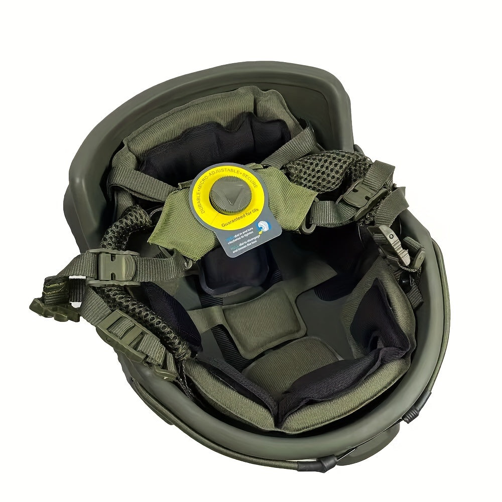 Green fiberglass tactical helmet with adjustable suspension for outdoor sports and CS paintball games.