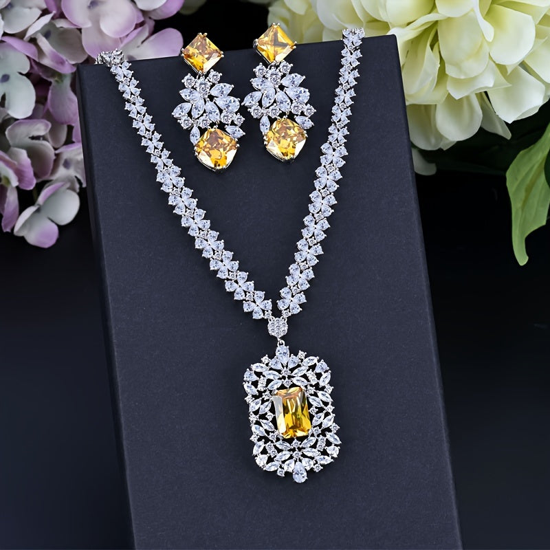 Royal French-Style Jewelry Set with Synthetic Zirconia, 3 Pieces: Copper Pendant Necklace and Dangle Earrings. Perfect for Weddings and Banquets, All-Season Elegant Accessory. Super Noble Red Design with Large Pendant, Ideal for Dinner Dresses.