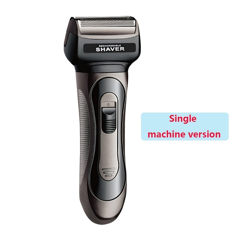 USB rechargeable electric shaver, nose hair trimmer, and hair clipper in one grooming kit. Includes 600mAh nickel battery and hypoallergenic precision blades. Made of durable ABS plastic.