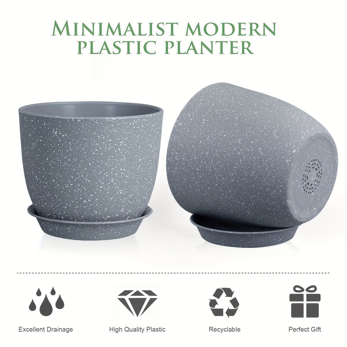 Self-watering planter set includes 5 durable plastic pots with drainage holes, ideal for indoor/outdoor use with succulents, snake plants, and African violets (plants not included).