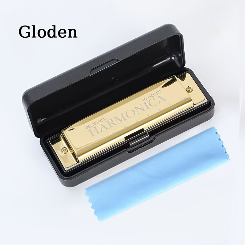 10-Hole C Key Professional Blues Harmonica with case, cloth, manual - perfect Eid gift for beginners, students, adults, and professionals.