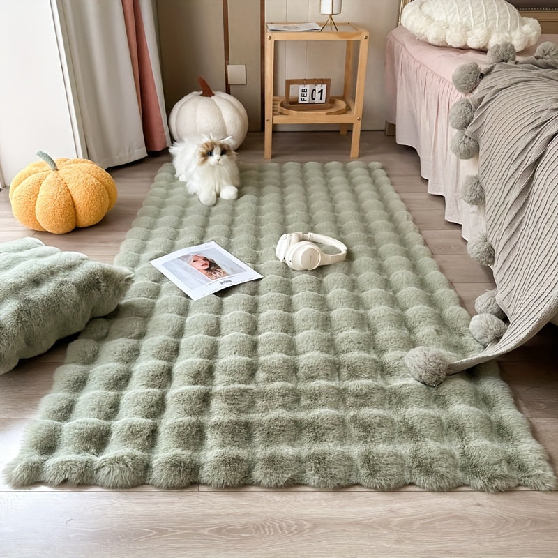 High-Quality Soft Fluffy Bubble Velvet Carpet, Ideal for Bedroom, Living Room, Cloakroom, Powder Room, and Other Areas. This Artificial Rabbit Fur Area Carpet is Solid Color for a Luxurious Look. Featuring Anti-Slip, Waterproof, and Stain-Resistant