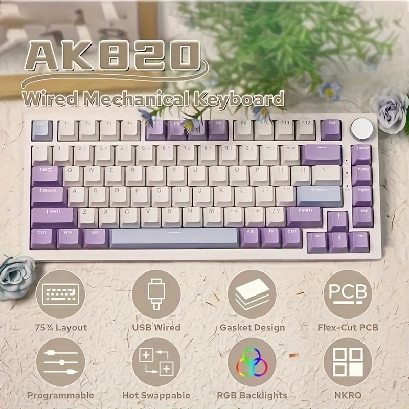 AJAZZ AK820 75% Проводная RGB Механическая Клавиатура с Регулятором Громкости, Бороновая Пена, PBT Клавиши, Горячая Замена Игровые Клавиатуры, Популярные Цвета