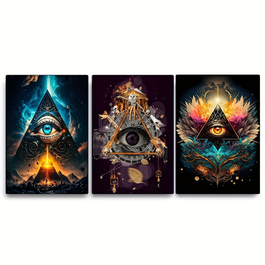 Set of 3 Masonic All Seeing Eye canvas art prints, 30x40cm, frameless wall decor with mystical triangle and eye design. Ideal for home living room decoration in transverse orientation. Mystical and decorative posters for your home decor.