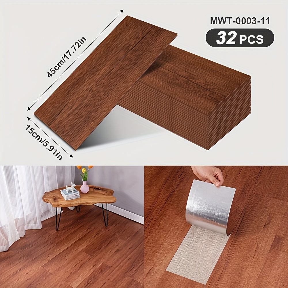 32 peel and paste floor tiles with wood grain design, 45cmx15cm, self-adhesive, waterproof, suitable for bedroom and home decor.