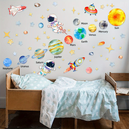 Solar System wall stickers measuring 160.02x80.01cm, featuring astronauts, stars, UFOs, planets, and spaceships. Ideal for room, bedroom, living room, playroom, or classroom decorations.