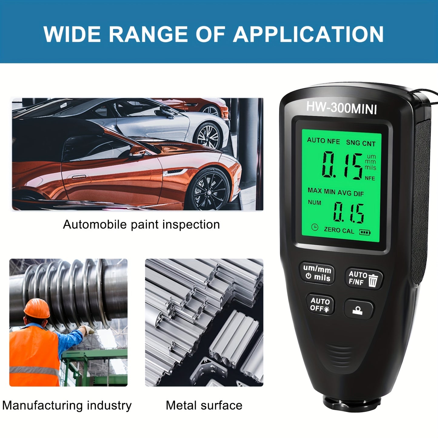 Shawty Automotive Paint Thickness Gauge is a high-accuracy meter with ABS clear display and auto substrate identification, powered by non-rechargeable AAA battery, making it ideal for used