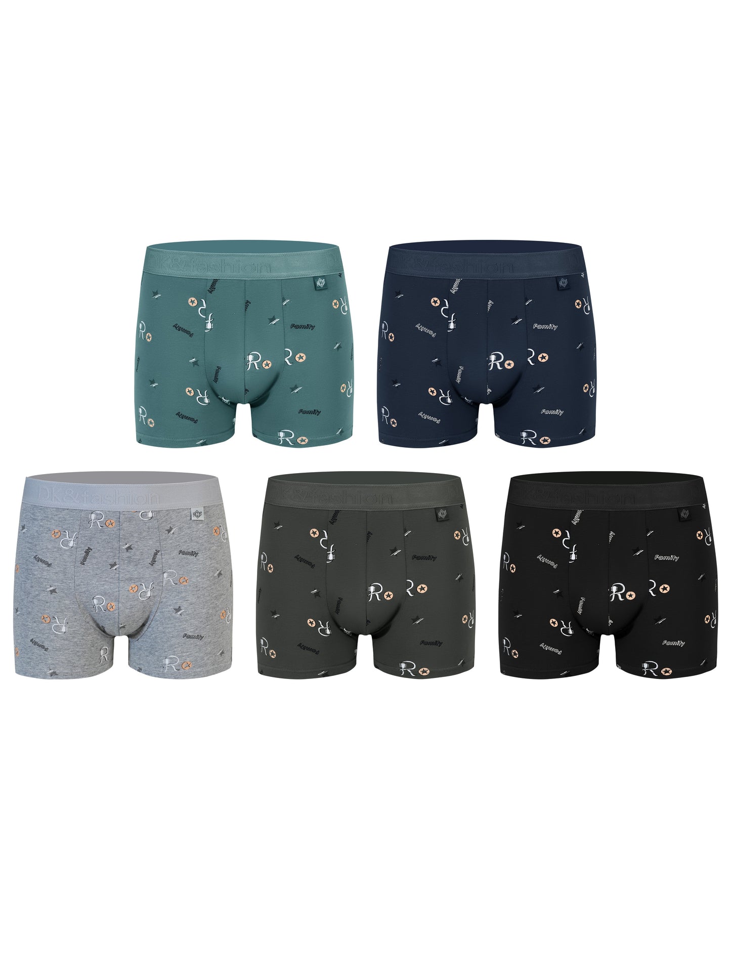 Men's 4-pack geometric boxer shorts made of 95% cotton and 5% spandex with breathable knit fabric and medium stretch. Casual sports underwear weighing 150gsm.