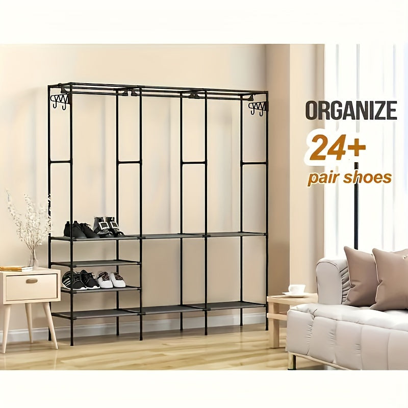 Metal storage cabinet with hooks, 3-tier organizer for coats, shoes, and accessories. Perfect for bedroom, hallway, and living room. Requires no electricity or battery.