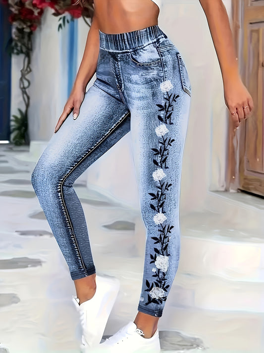 High waist leggings with faux denim print for daily wear.