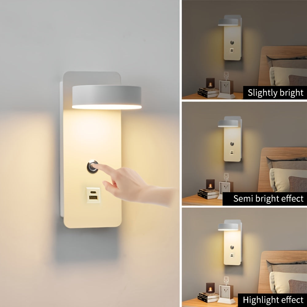 Wall-mounted reading lamp with dimming switch, 350° rotatable, USB port, touchable dimming 9W.