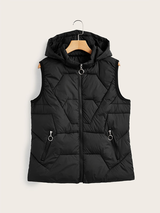 Hooded Zip Up Vest Coat for Women, Sleeveless Solid Outerwear