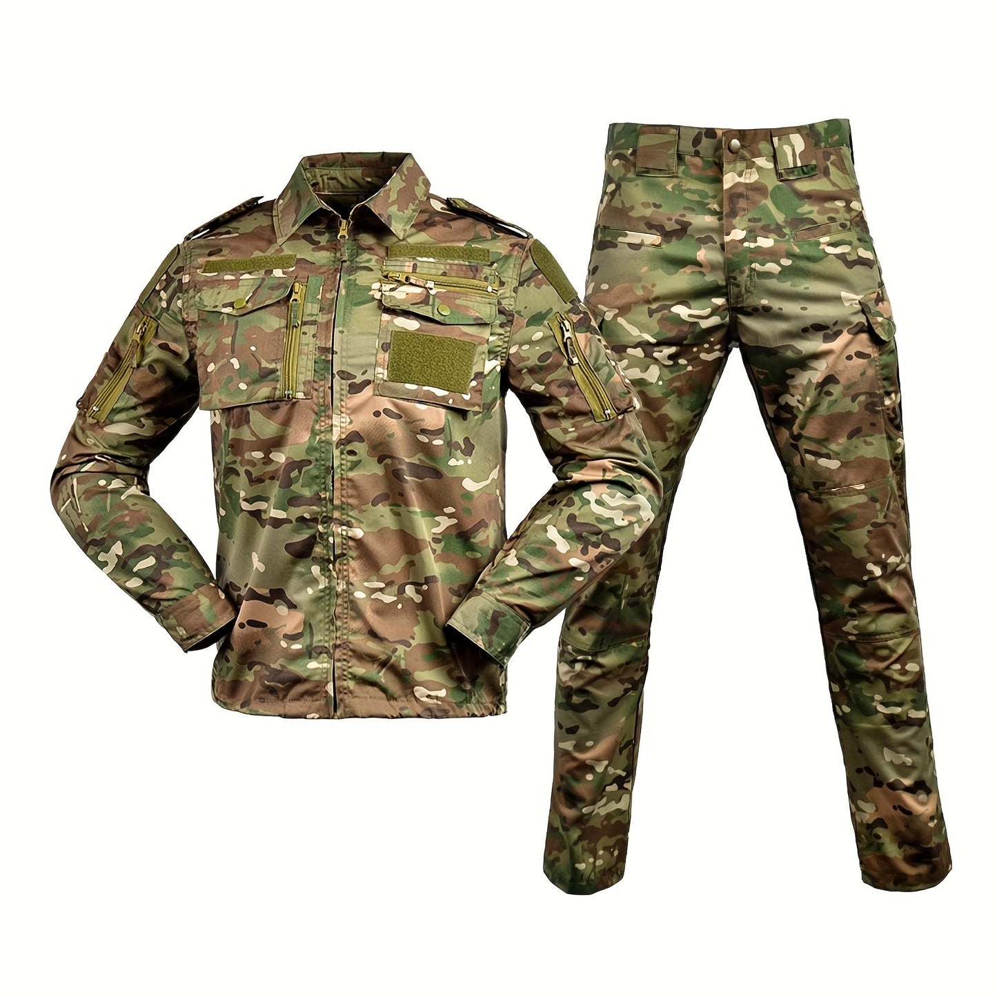 Durable and breathable men's camo training suit for outdoor activities, machine washable.